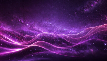 Digital purple particles wave and light galaxy gradient abstract background with shining dots stars.