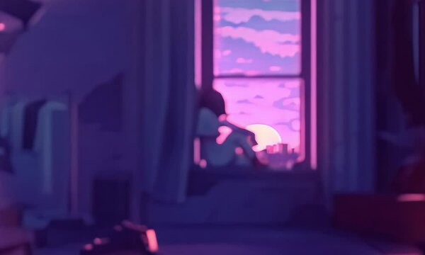 view sunset purple japan city pop Lofi animation. transition to out focus,  Girl in her room looking outside lonely,. midnight, cozy weather, video editing asset