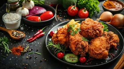 A plate of golden crispy fried chicken on a table, surrounded by fresh veggies and spices, with a black background and sparkling highlights