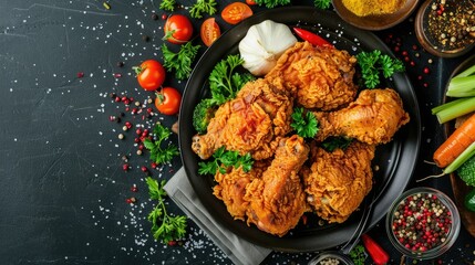A plate of golden crispy fried chicken on a table, surrounded by fresh veggies and spices, with a...