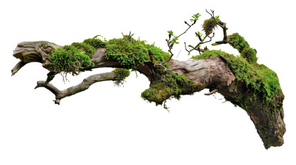 weathered tree branch, covered in patches of vibrant green moss, isolated on transparent background.