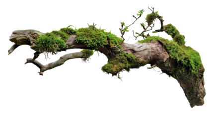 weathered tree branch, covered in patches of vibrant green moss, isolated on transparent background.