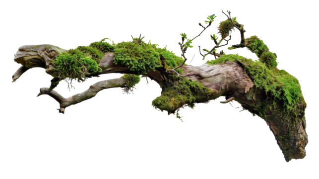 weathered tree branch, covered in patches of vibrant green moss, isolated on transparent background.