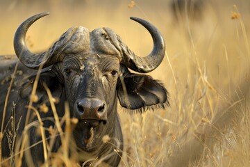 Closeup of a serene african buffalo amidst the golden savanna grass at sunset