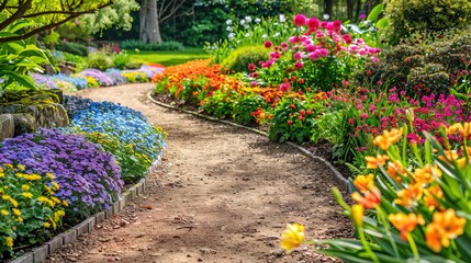 A tranquil garden with colorful flowers and a winding pathway.