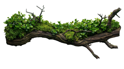 weathered tree branch, covered in patches of vibrant green moss, isolated on transparent background.