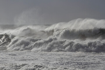 Rough sea with spraying breaking waves