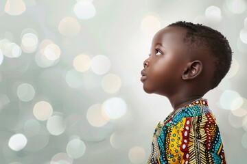 Profile view of an african child in colorful clothing against a bokeh background