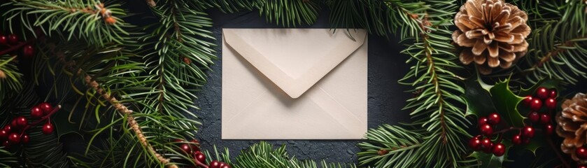 Seasonal greeting concept with a blank envelope encircled by pine branches and holly, awaiting a personal Christmas note