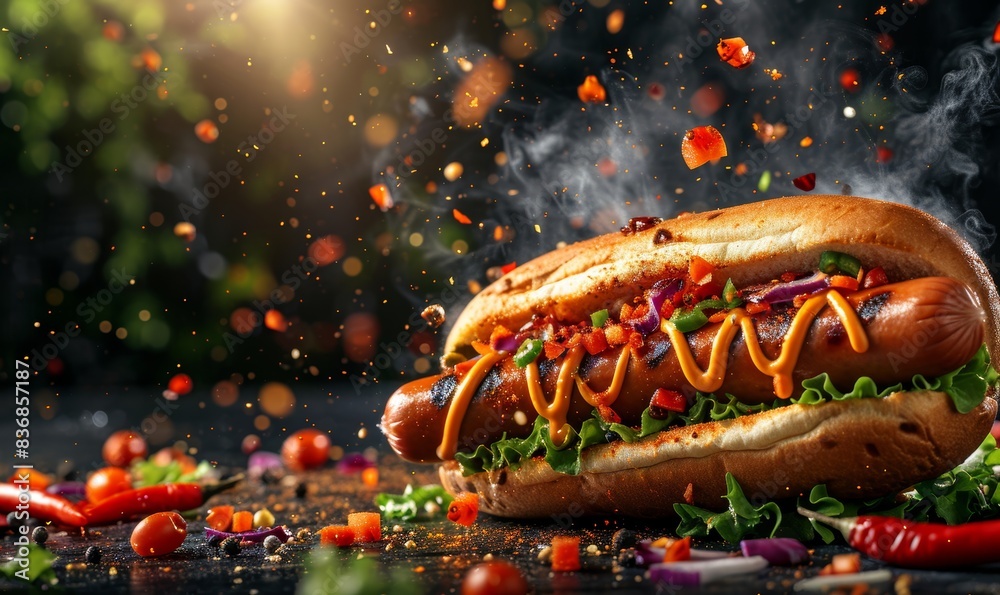 Wall mural fresh hotdog or sausage sandwich with flying ingredients and spices hot ready to serve and eat food 