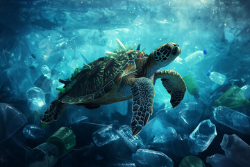 Fototapeta premium sea turtle swimming in water, Confront the harsh reality of ocean pollution with this poignant image featuring a sea turtle swimming amidst a sea of plastic bottles