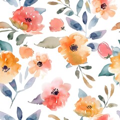 Watercolor seamless pattern with spring flowers