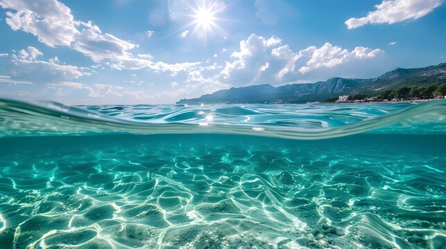 Tropical island and clear blue sea, camera is half submerged, split photo