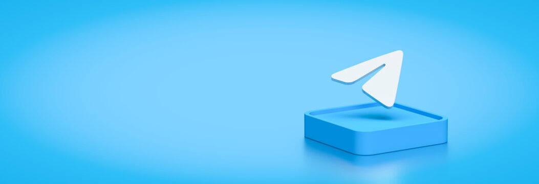 Telegram messenger icon and cube, box. 3d render on the topic of social networks, communication, the Internet, and messages. Minimal, modern style. Blue background.