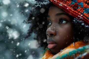 Closeup of an african american woman's face with snowflakes, contemplating in a winter setting