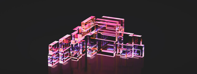 A glass, transparent, abstract cube. Pink, blue light. 3d rendering on the theme of design, minimalism, business, work, architecture and technology. The style of minimalism. Dark background.