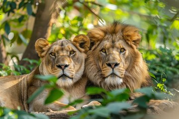 Closeup of a serene male and female lion pair lying together amid lush greenery