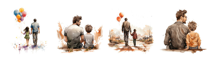 Watercolor father and son back view, fathers day clipart png