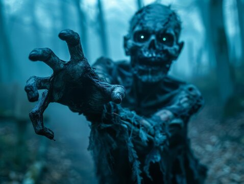 Zombie reaching out with skeletal hands, Halloween twilight, close up, horrifying, ethereal, fusion, foggy graveyard backdrop