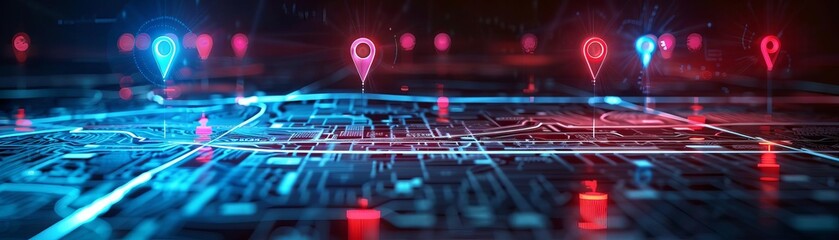 A digital map with various navigation pointers indicating different locations