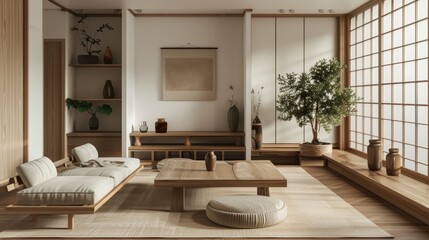 Japandi living room, minimalist design, wooden furniture, indoor plants, soft carpet on wooden floor, warm and cozy atmosphere