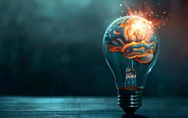 Brain filled with ideas isolated in a glowing light bulb