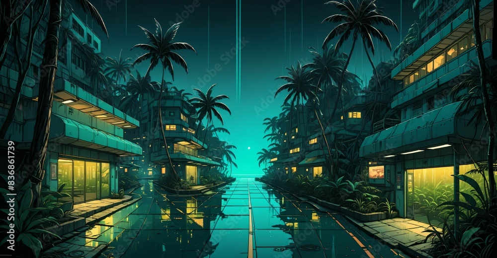 Wall mural cyberpunk lo-fi sci-fi tropical city street with palm trees and buildings. narrow town road by the b - Wall murals