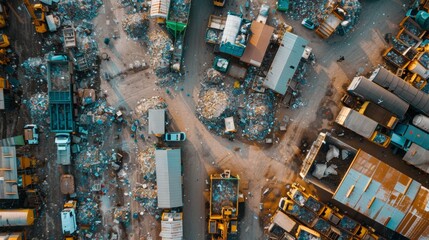 Aerial view of a bustling scrapyard with numerous vehicles and piles of waste materials organized in various sections.