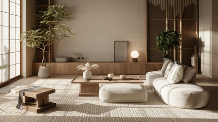 Minimalist Japandi living room with indoor plants, wood accents, soft carpet, and warm neutral colors, perfect for relaxation