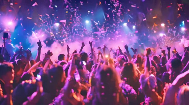 Nighttime Concert Crowd Celebrating With Confetti and Lights