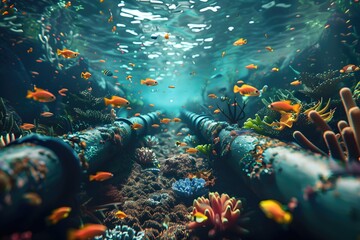 A colorful underwater scene with a pipe running through it. The fish are swimming around the pipe and the coral is vibrant