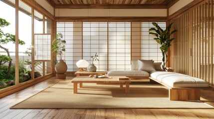 Minimalist Japandi living room, wooden furniture, indoor plants, soft carpet on wooden floor, warm and cozy ambiance
