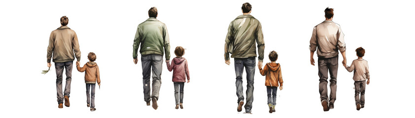 Watercolor father and son back view, fathers day clipart png