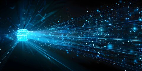 Fototapeta premium A blue glowing light beam with digital data and connections on a black background, an abstract futuristic technology banner design for an internet network connection or big data 