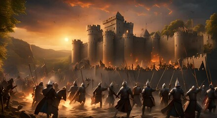 Medieval Siege at Sunset: Soldiers Attacking a Fortified Castle