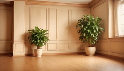 Interior background of room with wooden paneling and beige stucco wall with copy space, pot with grass 3d rendering