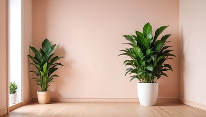 Interior background of room with wooden paneling and beige stucco wall with copy space, pot with grass 3d rendering