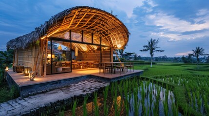Popular bamboo in Southeast Asia's rice fields, providing a unique dining experience with sustainable energy and scenic rooftop views