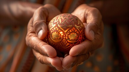 : Asian Indian father's hands holding a tiny, intricately designed baby rattle, the craftsmanship and delicate details beautifully illuminated, symbolizing joy and celebration.