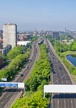 Glasgow city aerial view looking west over the M8 motorway
