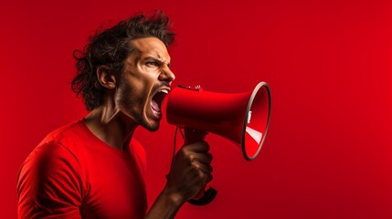Advocacy portrait style with person holding megaphone on red background