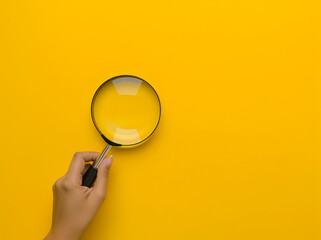 Hand Holding Magnifying Glass on Yellow Background with Copy Space (generative AI)