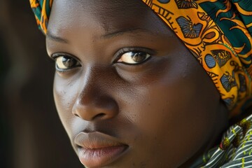 Closeup portrait of a young african woman with a colorful headscarf, exuding calmness and strength