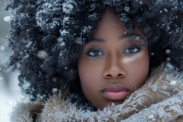 Detailed portrait of a serene woman with snowflakes in her hair, embodying the spirit of winter