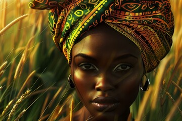 Portrait of a beautiful woman with traditional headwrap amidst golden wheat