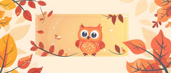 Cheerful Owl in Autumn Garden with Geometric Frame and Gradient Background
