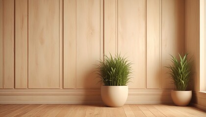 Interior background of room with wooden paneling and beige stucco wall with copy space, pot with grass 3d rendering