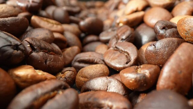 The world of coffee with this captivating close-up, revealing the intricate spectrum of dark brown tones and lustrous finishes on roasted beans, each telling a story of unique roasting techniques.
