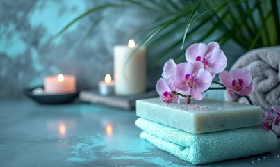beautiful setup or orchid flowers and soap bars with candle for cosmetics and face wash natural spa products commercial as wide banner mockup display, Generative AI