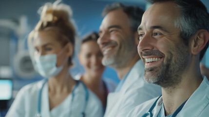 Fototapeta premium Entrust the care of your health to our highly qualified doctors. A group of doctors in white medical coats are smiling and laughing